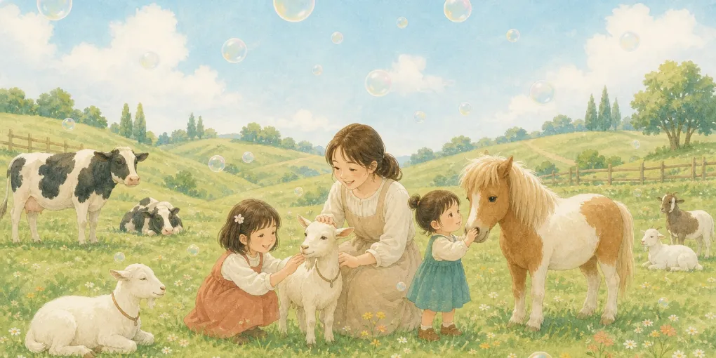 もーもーらんど油山牧場を子連れで訪れたイメージのイラスト
