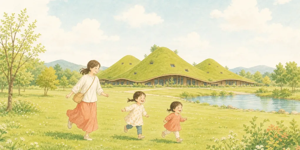 アイランドシティ中央公園を子連れで訪れたイメージのイラスト