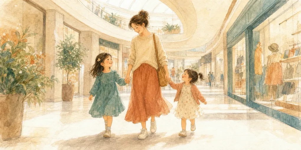 木の葉モール橋本を子連れで訪れたイメージのイラスト