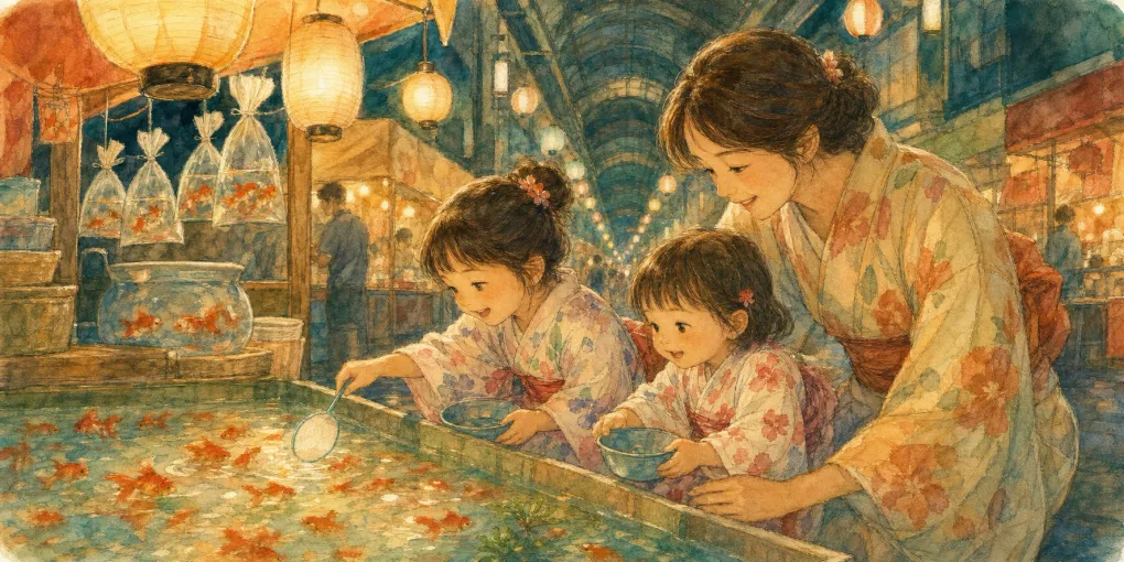 久留米ほとめき通り商店街 土曜夜市を子連れで訪れたイメージのイラスト