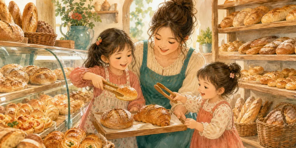 Pont Pain（ポンパン）宮若・脇田を子連れで訪れたイメージのイラスト
