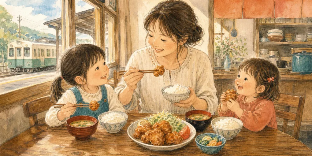 対州食堂 幸Jin（こうじん）を子連れで訪れたイメージのイラスト