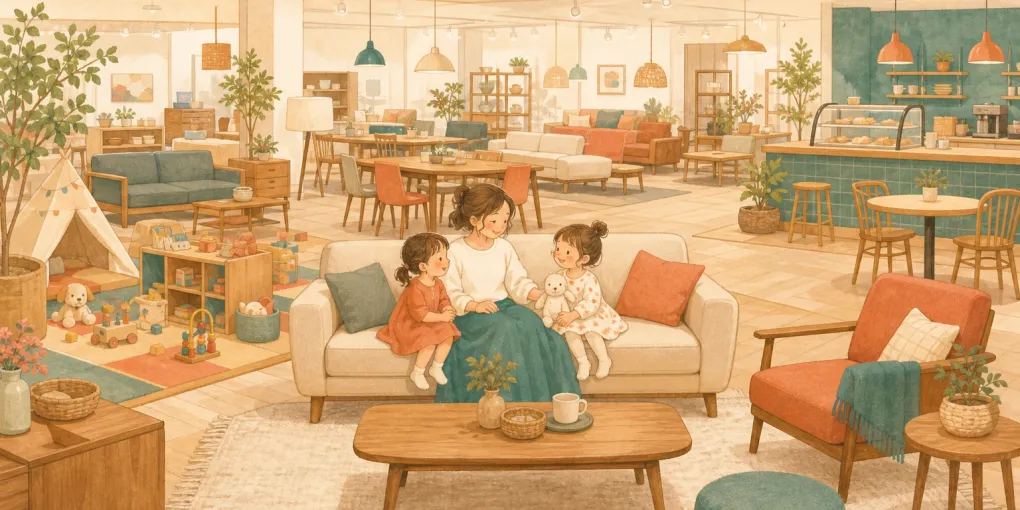 東京インテリア家具 福岡新宮店を子連れで訪れたイメージのイラスト
