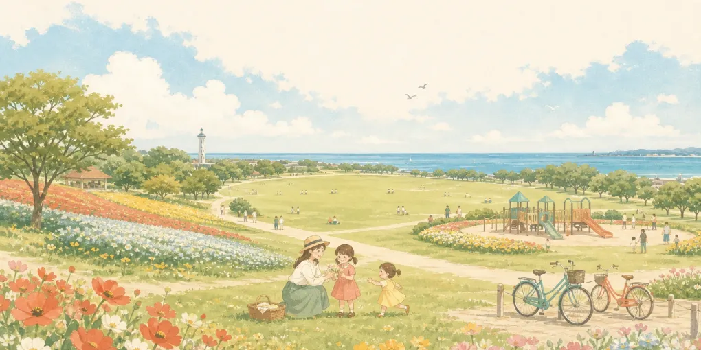 国営海の中道海浜公園を子連れで訪れたイメージのイラスト