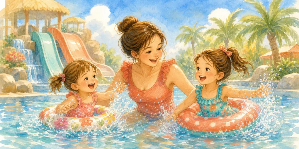 海の中道サンシャインプール（子連れで楽しむイメージのイラスト）