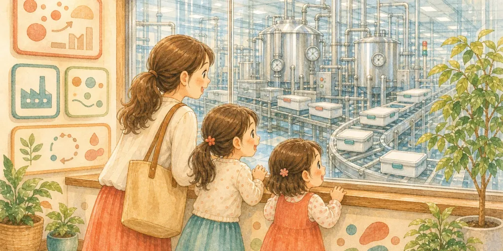 やまやファクトリーテラスを子連れで訪れたイメージのイラスト