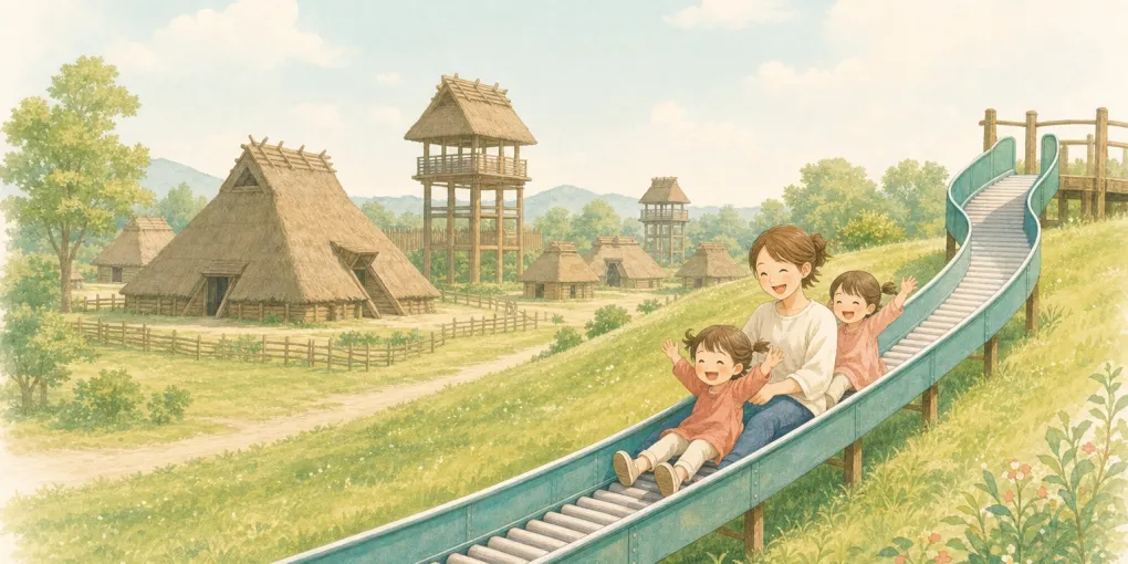 吉野ヶ里歴史公園を子連れで訪れたイメージのイラスト
