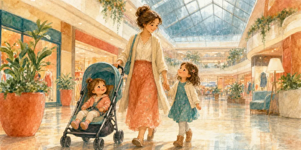 ゆめタウン飯塚を子連れで訪れたイメージのイラスト